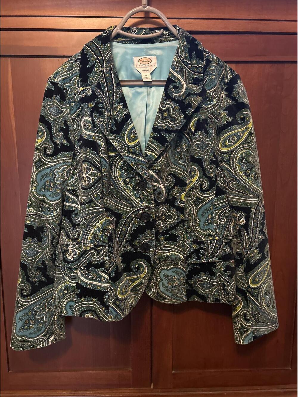 Talbots Women's Lined Stretch Blazer Paisley Green Blue Size 14 velvet